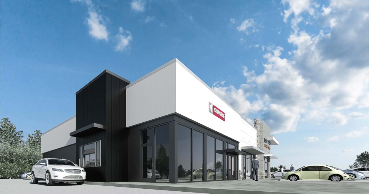 Naugatuck CT Restaurant Construction Contractor Greython USA Exterior view of a newly constructed commercial retail building in Naugatuck CT featuring Chipotle and Hartford Healthcare, built by Greython Construction.